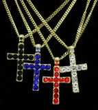 Men Women Iced Rhinestone Cross 1.5" Pendant 14k Gold Plated 24" Cuban Necklace