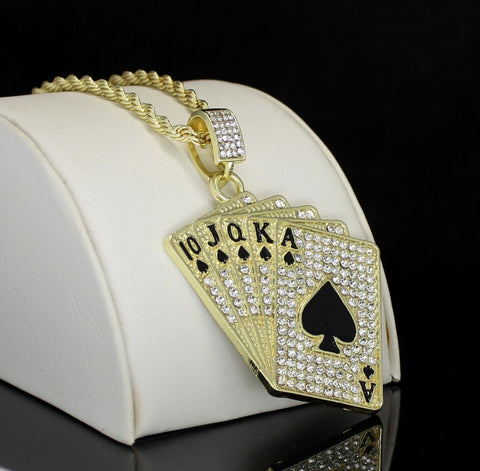 Mens Iced Cz Poker Cards Pendant 14k Gold or Silver Plated 24" Necklace Hip Hop