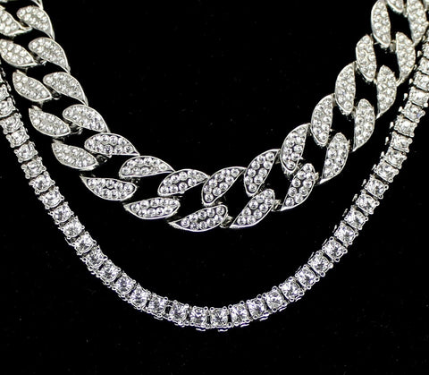 2 pc Choker Set Cuban Link CZ 1 Row Tennis Necklace White Gold Plated Chains