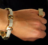Mens Iced 2pc Cz Bracelet Ring Set 14k Gold Plated Hip Hop Fashion