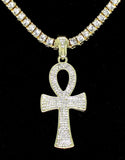 Ankh Cross CZ Pendant Tennis Chain Set 14k Gold Plated Hip Hop Jewelry Necklace