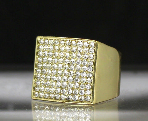 Mens Square Pinky Ring Iced Cz Band 14k Gold Plated Hip Hop Statement Fashion