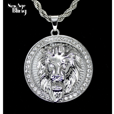 Mighty Lion Mens Iced Cz Round Pendant 24" Chain Silver Plated Hip Hop Jewelry