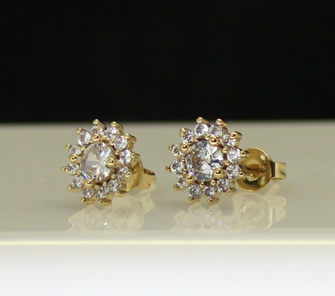 Mens Womens Cz Solitaire 8mm Studs Gold Plated Push Back Iced Fashion Earrings