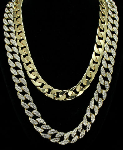 Icy 2pc Set 20" 24" Cuban Link Chains 14k Gold Plated Hip Hop CZ Necklaces