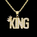 King CZ Pendant Stainless Steel Gold Plated 24" Rope Never Fade/Tarnish