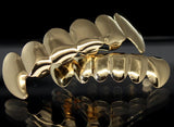 Custom Fit Fangs 14k Gold Plated Vampire Teeth Grillz Caps Top & Bottom + Case