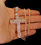 Mens Large CZ Cross Pendant Rose Gold Plated 24" Rope Hip Hop Necklace