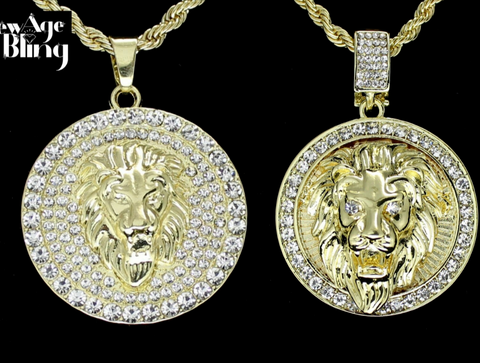 2 pc Set Mighty Lion Mens Iced Cz Round Pendant 24" Rope Chain 14k Gold Plated