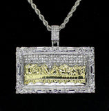 Two Tone XL Last Supper CZ Pendant 14k White Gold Plated 24" Rope Necklace