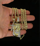 14k Gold Plated 2 pc CZ Jesus & Cross 20" 24" Rope Chain Set Mens Womens Hip Hop