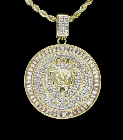 Mighty Lions Head Men's Iced CZ Round Pendant 24" Rope Chain 14k Gold Plated