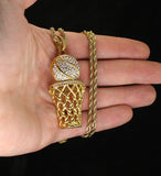 Basketball CZ Pendant Stainless Steel Gold Plated 24" Rope Never Fade/Tarnish