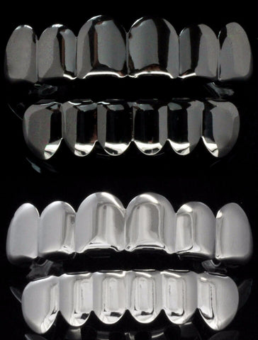 4 pc Grillz Silver & GunMetal Plated Set Top Bottom Teeth w/Molds Caps Mouth
