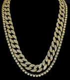 Mens 2pc Chain Set 14k Gold Plated 1 Row Cuban Link HipHop 30 inch CZ Necklaces