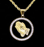 Praying Hands CZ Pendant Stainless Steel Gold Plated 24" Rope Never Fade/Tarnish