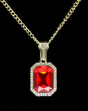 Red Large Rhinestone Pendant 20" Rope Chain Necklace 14k Gold Plated