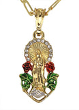 Guadalupe Rose Flower CZ Pendant 20" Figaro Necklace 14k Gold Plated Jewelry