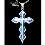 3D Cross Pendant Necklace Blue Silver Plated Crucifix 24" Stainless Ball Chain