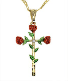 Rose Flower Cross CZ Pendant 20" Figaro Necklace 14k Gold Plated Jewelry
