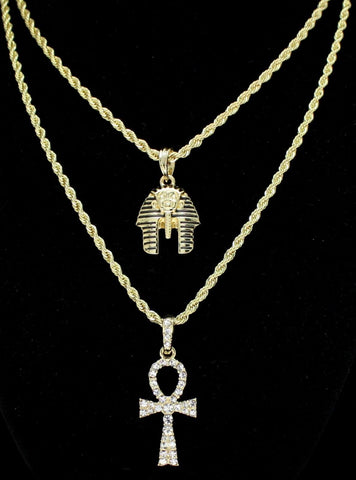 2pc Chain Set Pharaoh + Ankh Cz Pendants 14k Gold Plated Rope Necklace