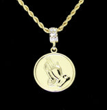 Round 14k Gold Plated Praying Hands Pendant Cz 24" Rope Chain Hip Hop Necklace