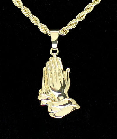 14k Gold Plated Praying Hands Pendant Cz 24" Rope Chain Hip Hop Necklace