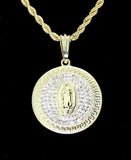 Round Virgin Mary Cz Pendant 14k Gold Plated w/ 24" Rope Chain Hip Hop Necklace