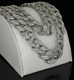 2pc Choker Chain Set CZ Cuban Links 14k White Gold Plated 16" 18" Necklaces
