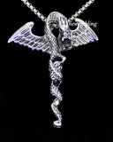 Dragon Pendant Necklace Set Stainless Steel 24" Box Chain w/Black RhineStone