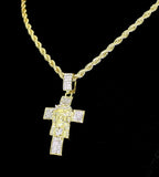 Iced CZ Jesus Piece 1.5" Cross Pendant HipHop 14k Gold Plated 24" Rope 4mm Chain