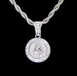 Small Round Praying Hands CZ Pendant 24" Rope Chain Silver Plated Hip Hop