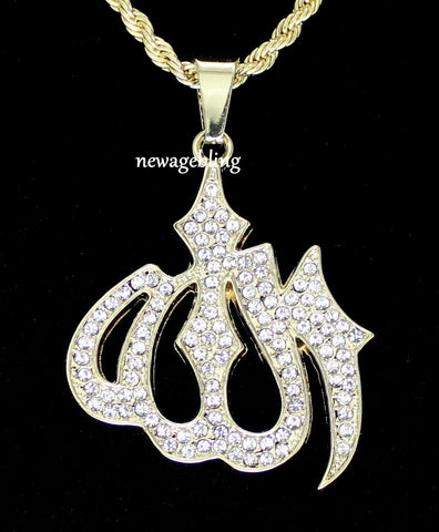Large Iced Allah Rhinestone Pendant 14k Gold Plated 24" Rope Necklace Hip Hop