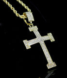 Mens Icy Large Cz Cross Pendant 14k Gold Plated 24" Rope Chain Hip Hop Necklace