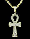 Icy Ankh Pendant 14k Gold Plated Cz w/ 24" Rope Chain Hip Hop Necklace