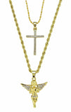 2pc Chain Set Angel + Cross Cz Pendants 14k Gold Plated Hip Hop Necklaces