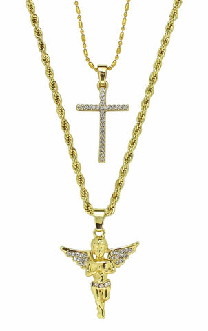 2pc Chain Set Angel + Cross Cz Pendants 14k Gold Plated Hip Hop Necklaces