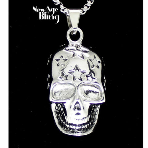 Mens Biker Skull Head with Stars Pendant Necklace Stainless Steel Chain