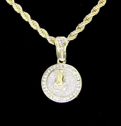 Small Round Praying Hands CZ Pendant 24" Rope Chain 14k Gold Plated Hip Hop