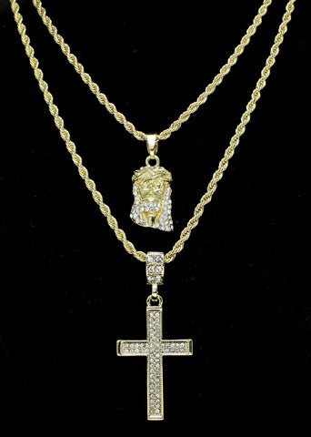 14k Gold Plated 2 pc Jesus & Cross 20" 24" Rope Chain Set Icy Cubic Zirconia