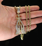 Praying Hands w/Cross Cz Pendant 14k Gold Plated 24" Rope Chain Hip Hop Necklace