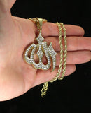 Large Iced Allah Rhinestone Pendant 14k Gold Plated 24" Rope Necklace Hip Hop