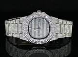 3pc Set Silver Plated Miami Cuban Link Cubic Zirconia Chain Bracelet Watch