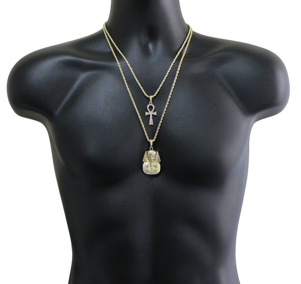 2pc Set Egyptian Pharaoh + Ankh Cross CZ Pendants 14k Gold Plated Rope ...
