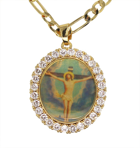Crucifix Oval CZ Jesus Pendant 14k Gold Plated 4mm 20" Figaro Necklace Chain