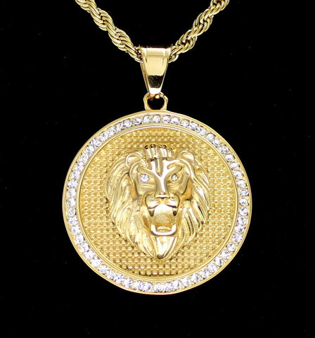 Roaring Lion CZ Pendant Stainless Steel Gold Plated 24" Rope Never Fade/Tarnish