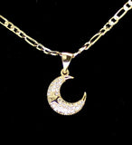 Moon & Star Rhinestone Small Pendant 20" Figaro Necklace 14k GoldPlated Jewelry