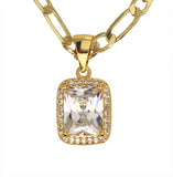 Womens Solitaire CZ Pendant with 20" Figaro Necklace 14k Gold Plated Jewelry