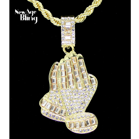 Praying Hands Cubic Zirconia Pendant 14k Gold Plated 24" Rope Hip Hop Necklace