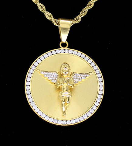 Messenger Angel CZ Pendant Stainless Steel Gold Plated 24" Rope Never Fade